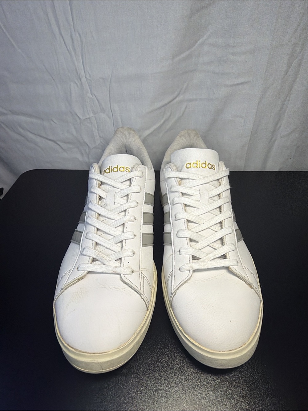 adidas White Leather Low-Top Sneakers with Gray Stripes
